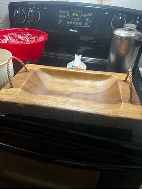 Hand-Carved Wooden Serving Tray with Rope Handles - Brown